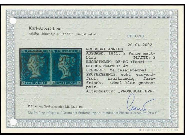 2 d. pale blue, horizontal pair with good margins, each stamp cancelled by clear central black MC, very fine, signed Pröschol