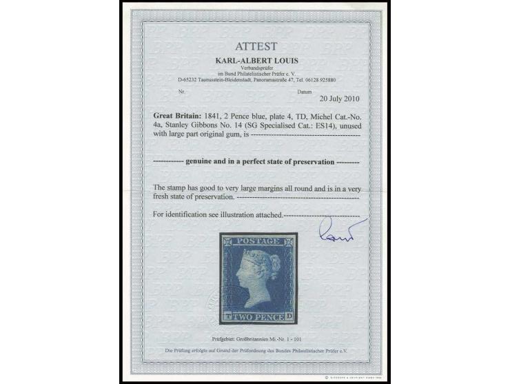 2 d. blue, plate 4, TD, good to large margins, very fresh, unused with large parts o.g., very fine, certificate Louis BPP