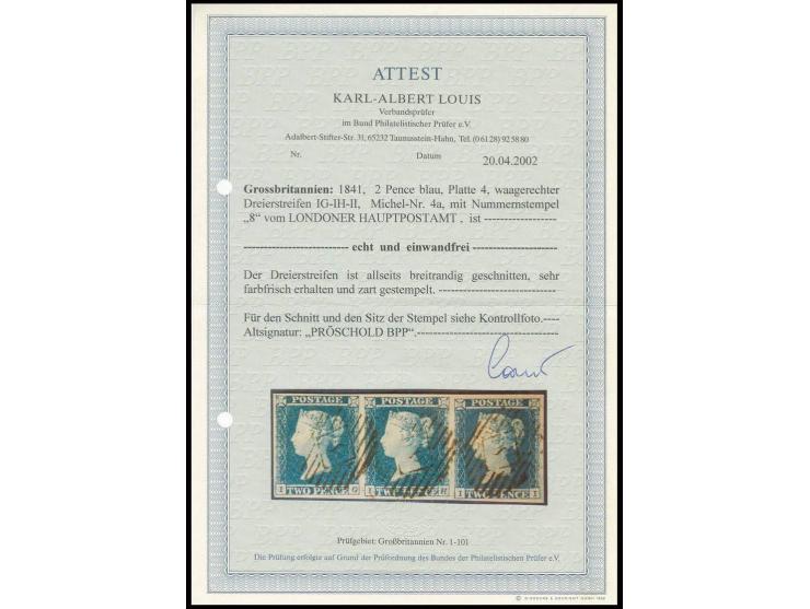2 d. blue, plate 4, horizontal strip of 3, EG-II, good to large margins, neatly cancelled, very fine, signed Pröschold BPP an