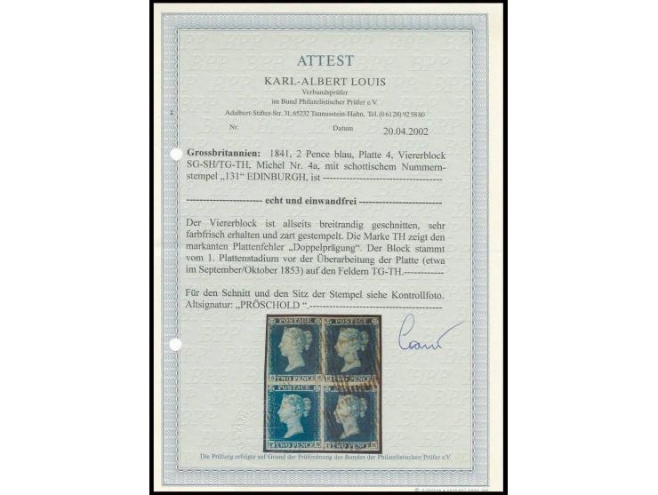 2 d. blue, plate 4, block of 4, SG-TH with re-entry in TH (first state), used with numeral "131" EDINBURGH, signed Pröschold 