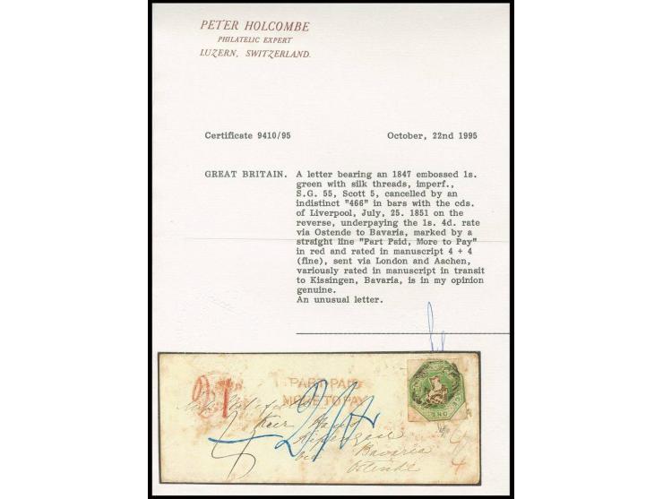 1 sh. green, used on small cover from "LIVERPOOL JY 26 1851" via Belgium to Kissingen in Bavaria, underpaid, thus double line
