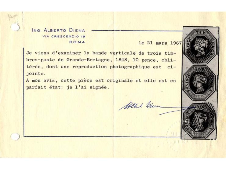 10 d. brown, vertical strip of 3 with good to mostly wide margins, parts of 2 adjoining stamps at right, cancelled with 3 cle