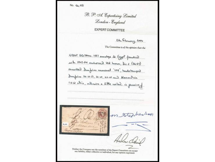 10 d. brown, die 2, large margins, tied to small envelope to Alexandria, Egypt, with transit and arrival marks; the envelope 