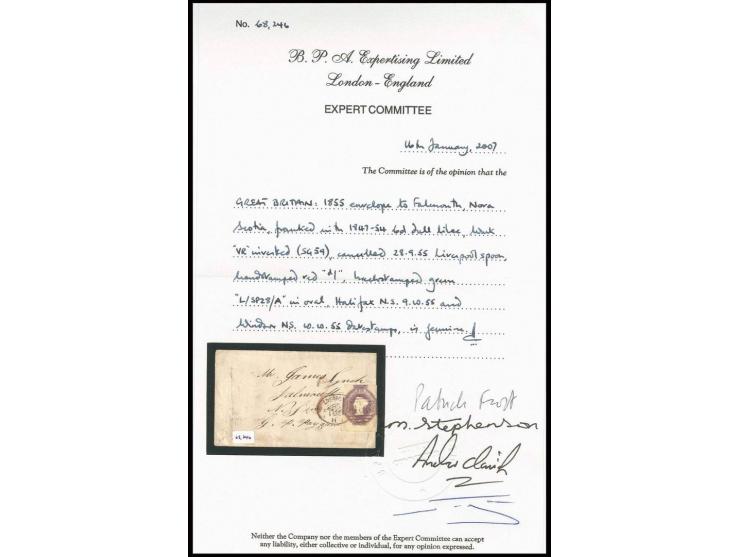 6 d. dull lilac, good to very wide margins, tied by duplex "LIVERPOOL 28 SP 1855" to small envelope to Nova Scotia with adjac