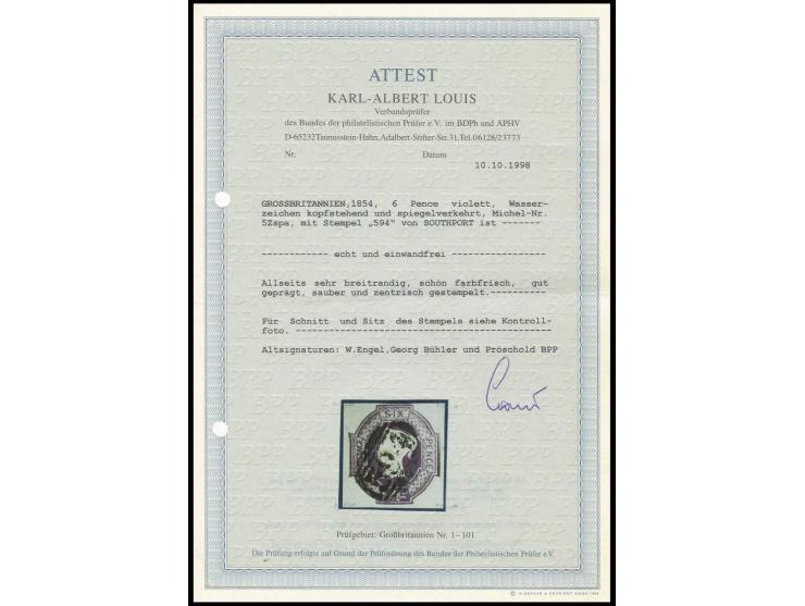 6 d. violet with watermark inverted and reversed, large margins, cancelled with numeral "594" SOUTHPORT, very fine, several s