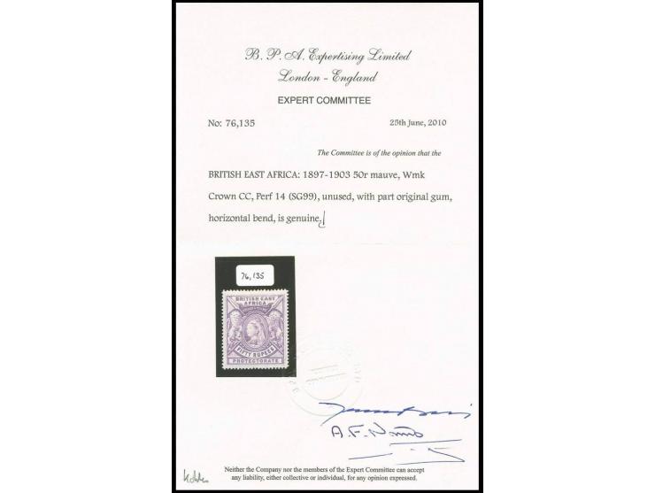50r. mauve, unused, light gum bend, fine, a scarce stamp, certificate BPA (2010) (SG 1600,-)