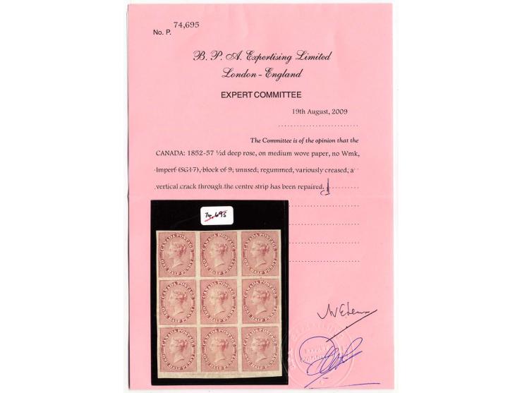 1852/57, ½  d. deep rose, block of nine, marginal from base of sheet with full imprint, unused with not original gum, some cr