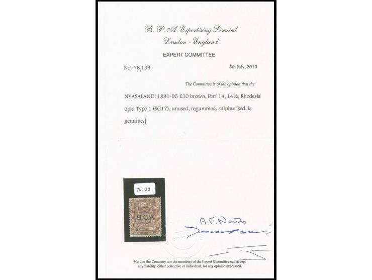 1891/95, B.C.A. 10 £ brown, regummed and somewhat sulphurised, still attractive copy of this rare stamp, certificate BPA (201