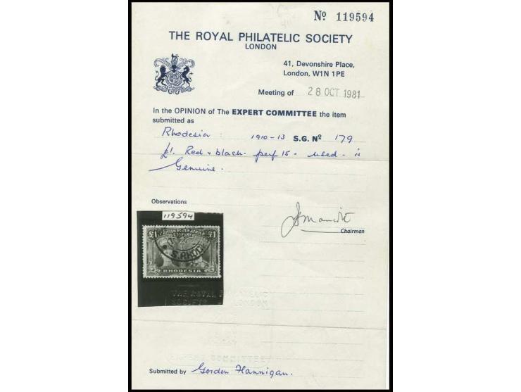 1910, Doublehead 1 £ red/black, perforated 15, used, some short perfs and a little unfresh otherwise fine, certificate RPSL