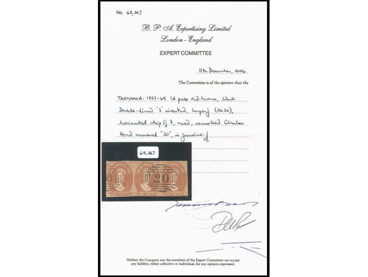 1857/69, 1 d. pale red-brown, horizontal strip of 3 with good to wide margins, cancelled by clear numeral "20", very fine, ce