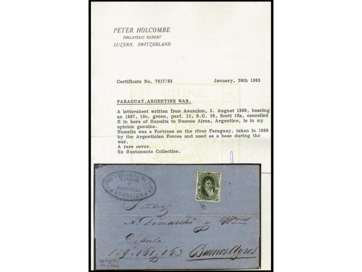 "H." HUMAITA on 10 c. green on lettersheet with adjacent sender's cachet "SANDINI y SORDELLI ASUNCION", to Buenos Aires; a ra