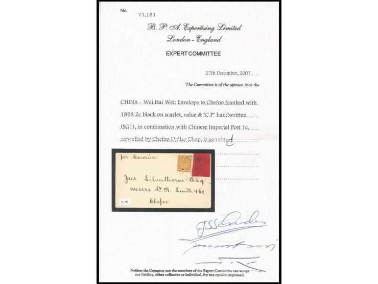 WEI HAI WEI : 1898, 2c. on scarlet in combination with Imperial post 1c. ocre on small cover  to Chefoo, both stamps cancelle