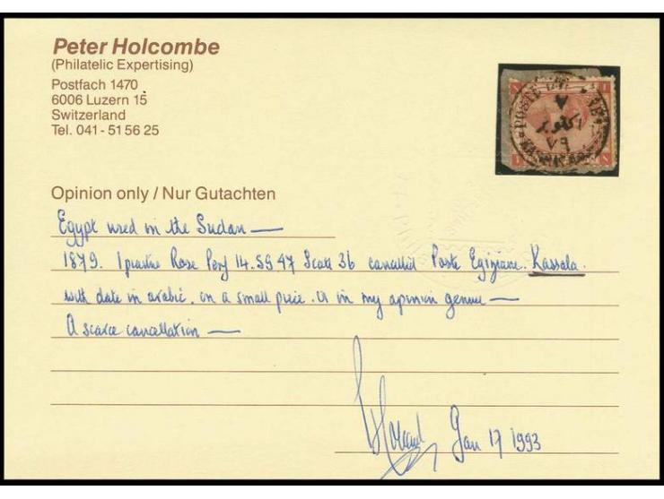 "KASSALA", cds. of 7.10.1879 in black on 1879, 1 pia. rose on small piece, opinion Holcombe