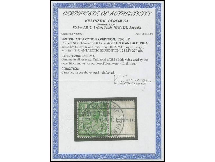 1921, Shackleton-Rowett-Expedition: GB ½ d. with framed "TRISTAN DA CUNHA" and "S.R. ANTARCTIC Expedition 1921/MY 25 22", sca