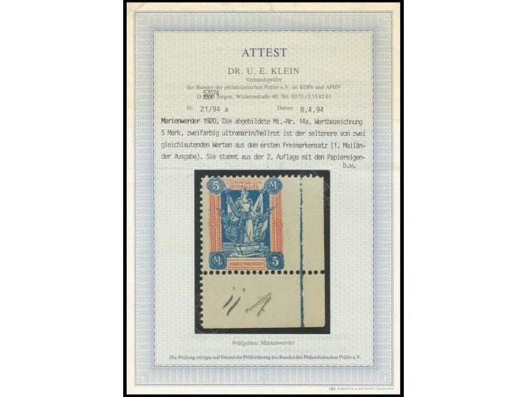 1920, 5 M. aus der rechten unteren Bogenecke, rechts ungezähnt, postfrisch, unsigniert, Bleistziftnotiz auf dem Unterrand, se