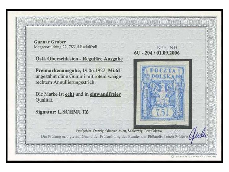 1922, 75 F. ungezähnt mit rotem Annulierungsstrich, ohne Gummi, Kabinett, sign. Schmutz und Befund Gruber BPP