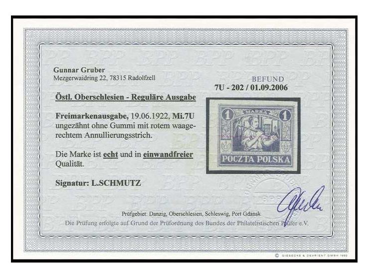 1 M. ungezähnt mit rotem Annulierungsstrich, ohne Gummi, Kabinett, sign. Schmutz und Befund Gruber BPP