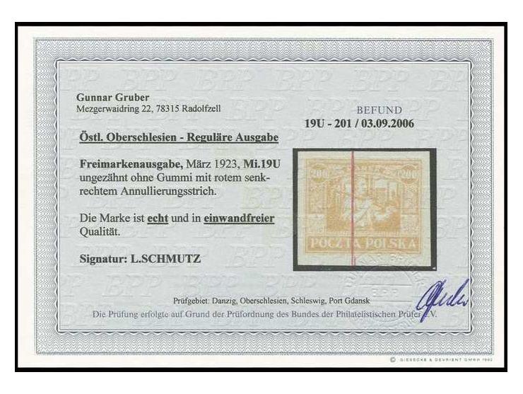 1923, Bergmann 200 M. ungezähnt mit rotem Annulierungsstrich, ohne Gummi, Kabinett, sign. Schmutz und Befund Gruber BPP