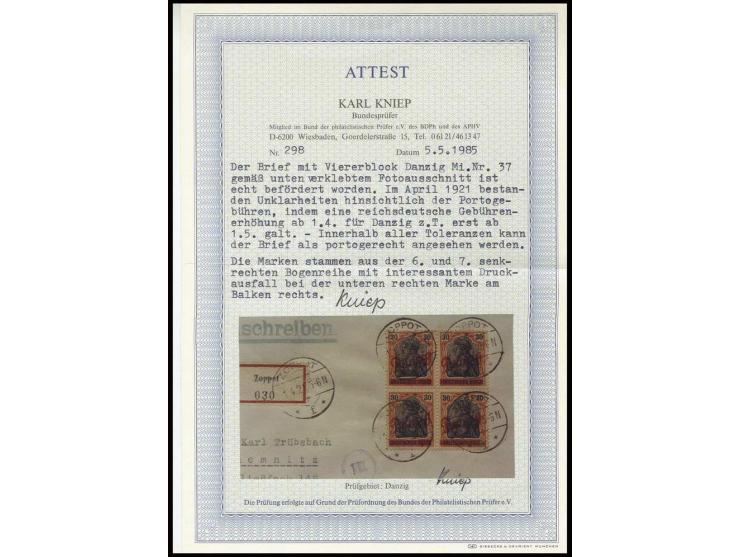 30 Pfg. im Viererblock mit Stempel "ZOPPOT 1.4.21" auf portogerechtem R-Brief nach Chemnitz, Kabinett, sign. Infla und Fotoat