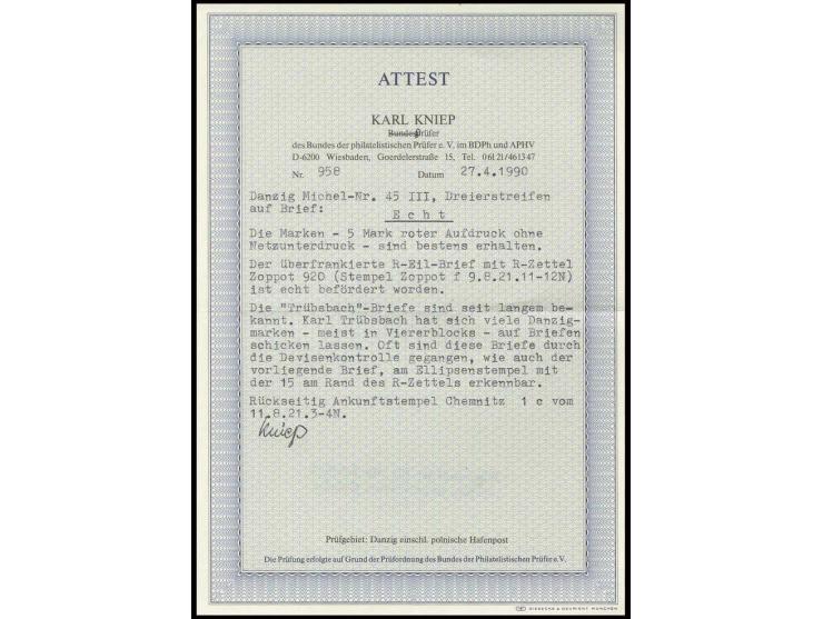 5 M. auf 2 Pfg. im waagerechten Dreierstreifen mit Stempel "ZOPPOT -9.8.21" auf  eingeschriebenem Eilboten-Brief nach Chemnit