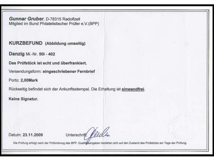 1920, Flugpost 40 Pfg.-1 M. mit Stempel "DANZIG -3.11.20" auf R-Brief, 40 Pf. mit Plattenfehler "rechte 0 stark eingedellt", 