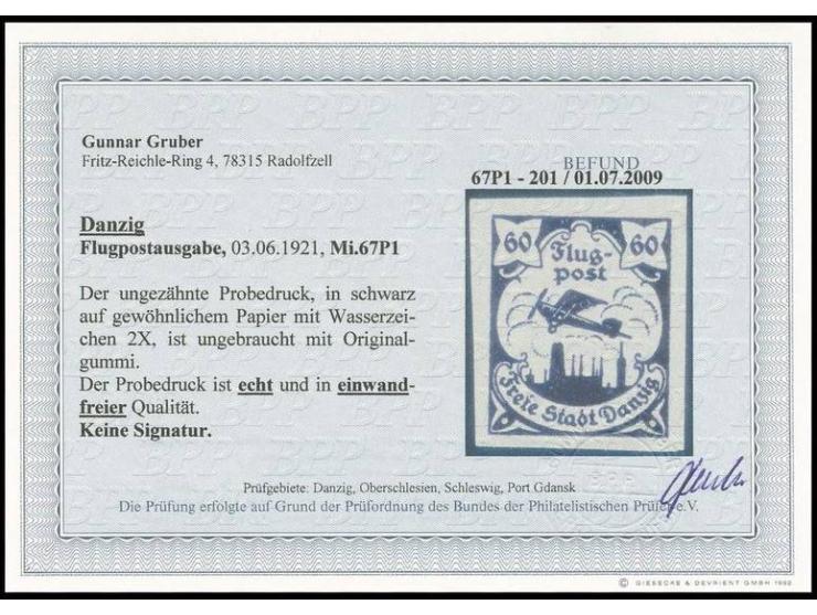 Flugpost 60 Pfg., Probedruck: in schwarz auf gewöhnlichem Papier, ungebraucht, Pracht, Befund Gruber BPP