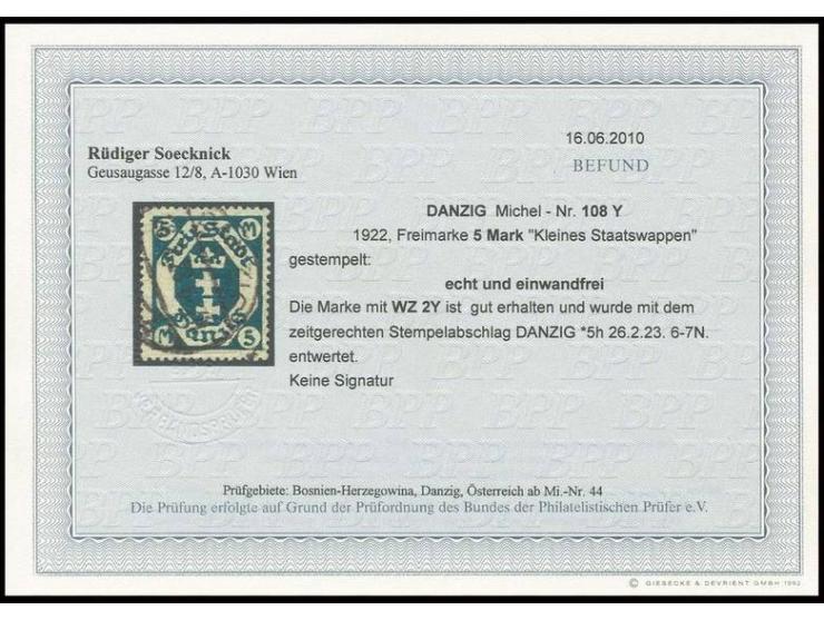 Kleines Wappen 5 M. mit liegendem Wz., gestempelt, Pracht, Fotobefund Soecknick (Mi. 340,-)