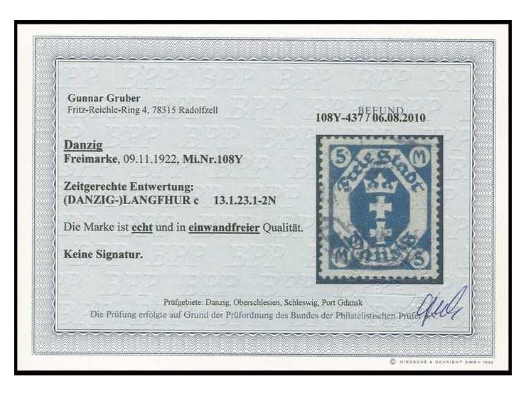 5 M. mit liegendem Wasserzeichen, sauber gestempelt, Kabinett, Befund Gruber BPP