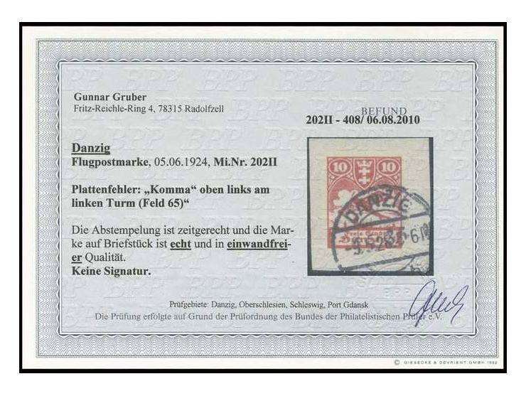 Flugpost 10 Pfg. mit Plattenfehler "Komma links oben am Turm" mit sauberem Stempel auf Briefstück, Kabinett, Befund Gruber BP