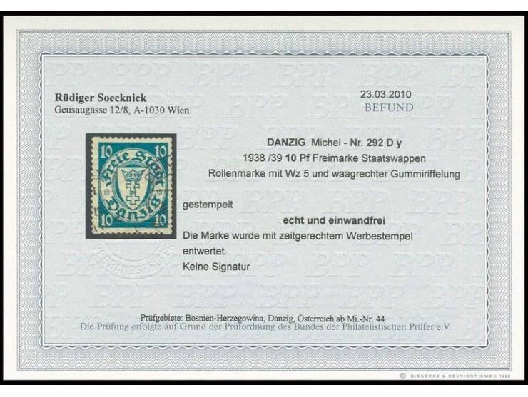 1938, Wappen 10 Pfg. mit Rollenzähnung, waagerechte Gummiriffelung, gestempelt mit Werbestempel, tadellos, Fotobefund Soeckni