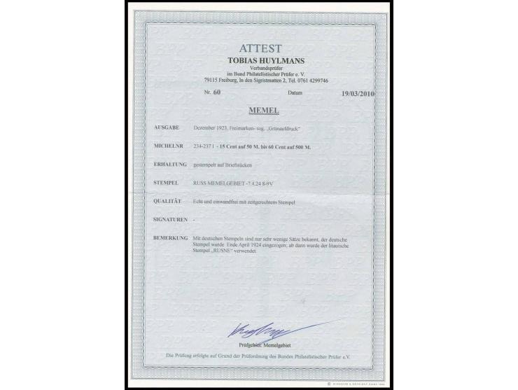 Grünaufdruck 15-60 C. kpl., je einzeln mit klarem Stempel "RUSS MEMELGEBIET -7.4.24 8-9V" auf Briefstücken in einwandfreier E
