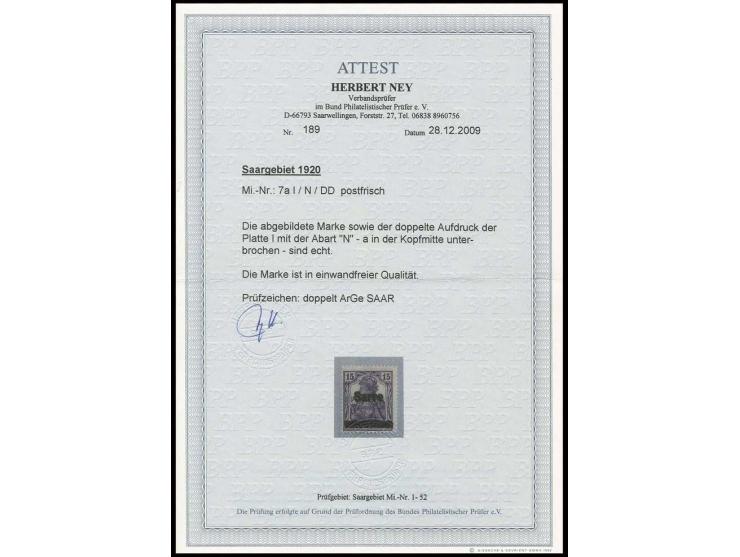 1920, "Sarre" auf Germania: 15 Pfg. grauviolett mit doppeltem Aufdruck der Abart "N", postfrisch, Pracht, sign. ArGe Saar und
