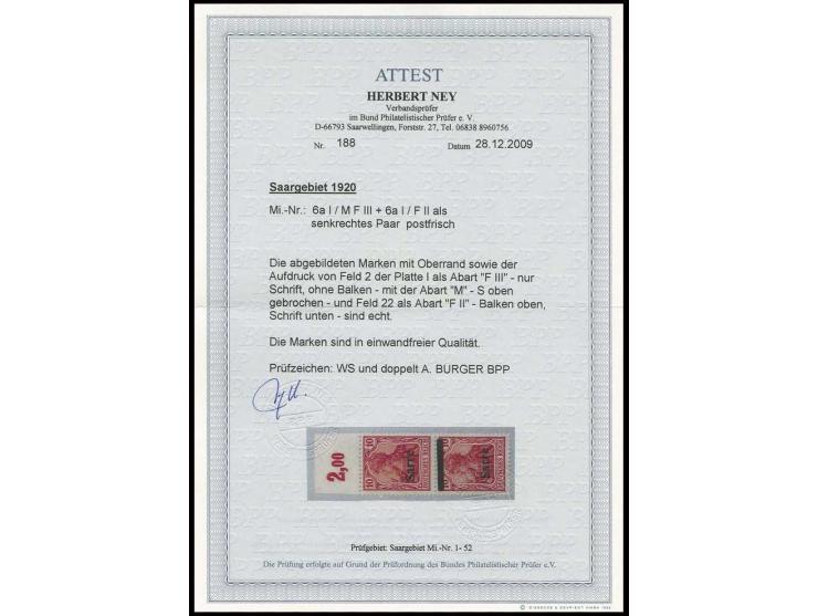10 Pfg. im senkrechten Oberrandpaar, dabei obere Marke nur mit Aufdruck "Sarre", die untere Marke mit Balken oben, postfrisch
