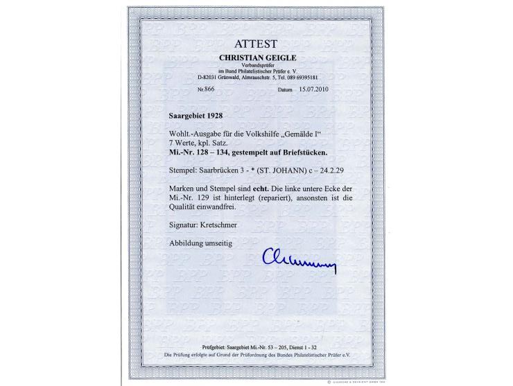 Volkshilfe 40 C.- 10 Fr. kpl., jeweils zentrisch gestempelt "Saarbrücken 3 24.2.29" auf Briefstücken, 50 C. linke untere Ecke