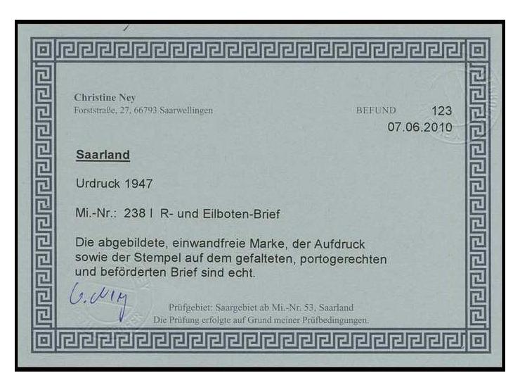 1947, Urdruck 50 Fr. als portogerechte Einzelfrankatur auf Einschreiben-Eigenhändig-Eilboten-Ortsbrief aus "SAARBRÜCKEN 15.1.