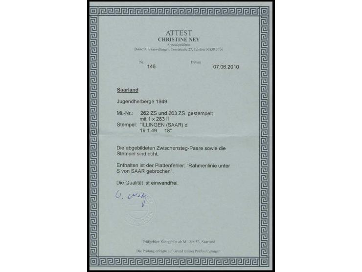 1949, Jugendherbergswerk 8 und 10 Fr. jeweils im senkrechten Zwischenstegpaar, dabei untere 8 Fr.-Marke mit Plattenfehler "Ra