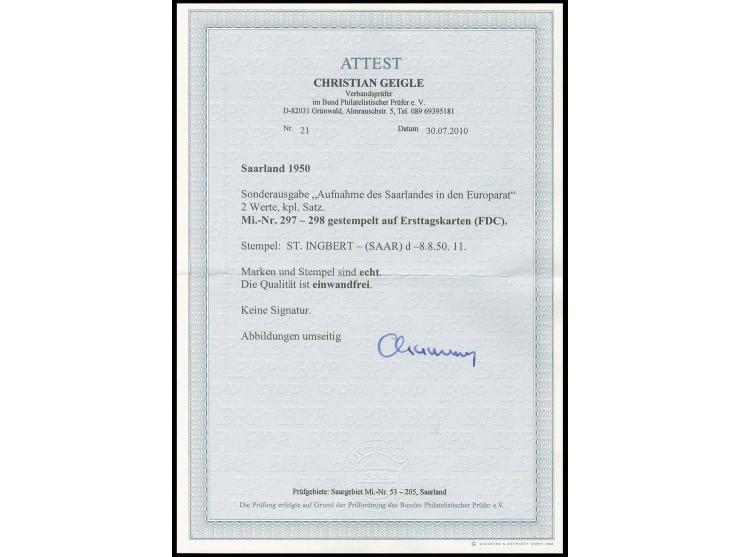 25 Fr. und 200 Fr. mit Ersttagsstempel "ST.INGBERT 8.8.50" auf 2 Karten mit Beschriftung, rückseitig blanko, Fotoattest Geigl