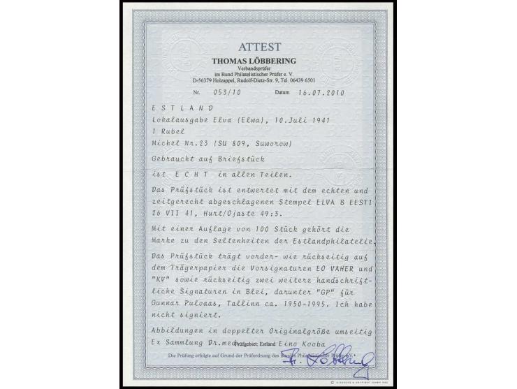 Suworow 1 Rbl. mit sauberem Stempel "ELVA 26 VII 41" auf Briefstück, Kabinett, Auflage nur 100 Stück, u.a. sign. Vaher und Pu