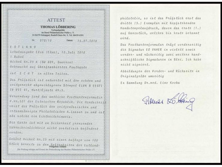 Suworow 1 Rbl. mit kopfstehendem Aufdruck mit Stempel "ELVA B 28 VII 41" auf Postkartenformular, adressiert an den ortsansäss