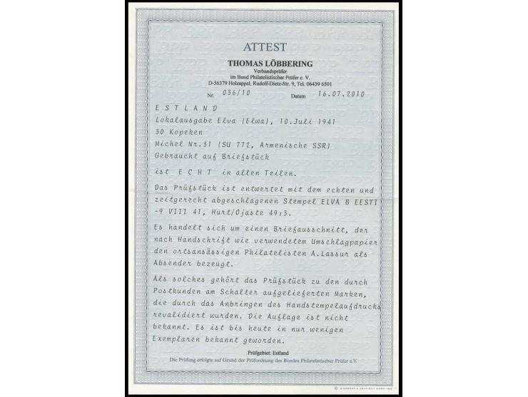 Armenische SSR 30 K. mit sauberem Stempel "ELVA B -9 VIII 41" auf Briefstück, rückseitig als Absender "A. Lassur" - ein bekan