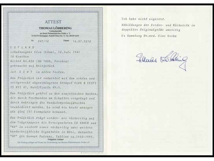 Denkmal für die Helden von Perekop 10 K. mit sauberem Stempel "ELVA B 25 VII 41" auf Briefstück, Kabinett, bisher sind wenige