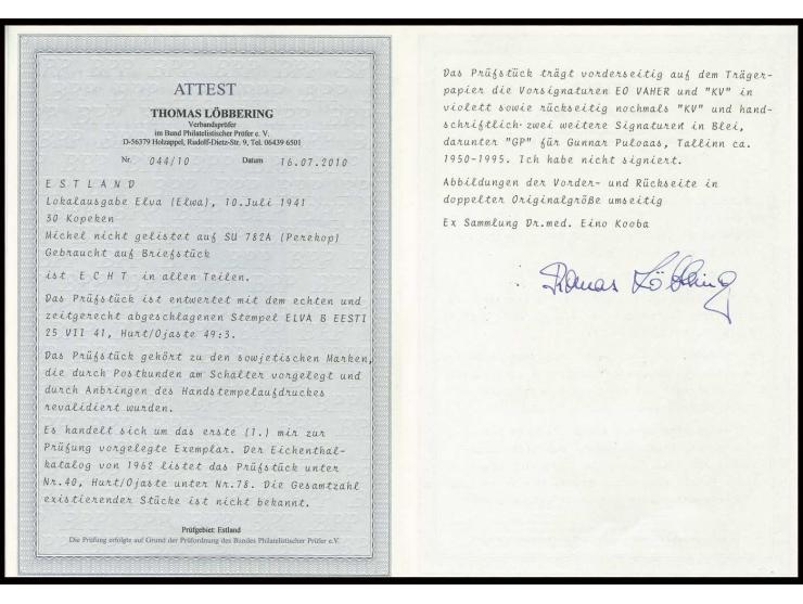 30 K. mit sauberem Stempel "ELVA B 25 VII 41" auf Briefstück, Kabinett, es handelt sich hierbei um das erste und einzig bekan