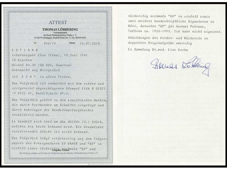 Erstürmung Ismails 10 K., mit sauberem Stempel "ELVA B -9 VIII 41" auf Briefstück , Kabinett, bisher sind lediglich 3 Stück d
