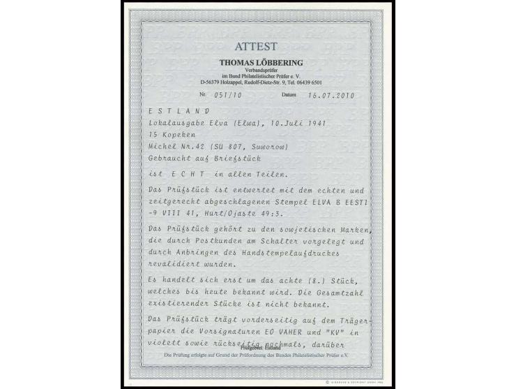 Stürmung Ismails 15 K. mit Stempel "ELVA -9 VIII 41" auf Briefstück, Kabinett, bisher sind erst 9 Stück bekannt, u.a. sign. V
