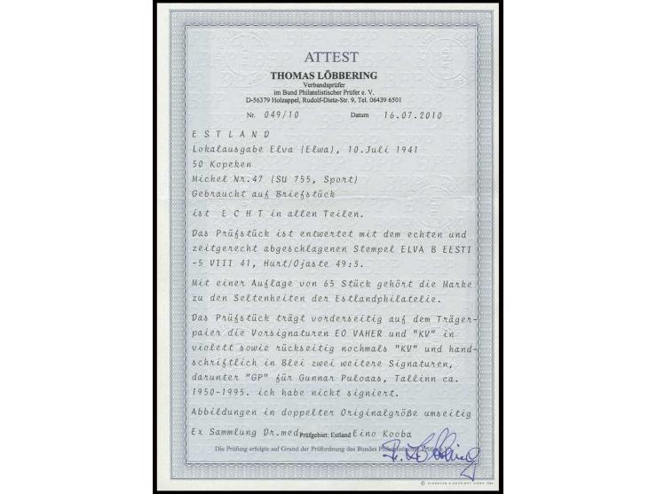 50 K. mit sauberem Stempel "ELVA B -5 VIII 41" auf Briefstück, Kabinett, Auflage nur 65 Stück, u.a. sign. Vaher und Puloaas s