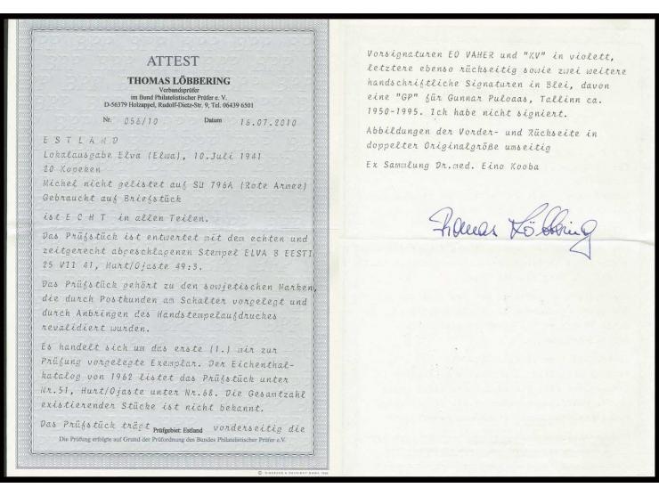 20 K. mit sauberem Stempel "ELVA B 25 VII 41" auf Briefstück, Kabinett, es handelt sich hierbei um das erste und einzig bekan