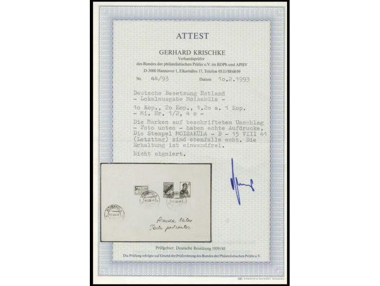 10, 20 K. und 1.20 auf 1 K. mit Stempel "MOISEKÜLA 15 VIII 41" auf beschriftetem Umschlag, Kabinett, Fotoattest Krischke BPP
