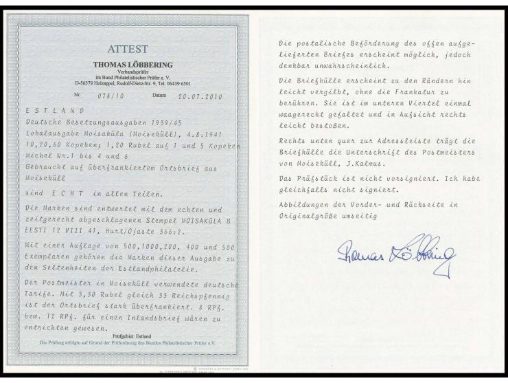 10 K. - 1.20 auf 1 K. sowie 1.20 auf 5 K. mit Stempel "MOISAKÜLA 12 VIII 41" auf beschriftetem Umschlag, Faltung unten durch 