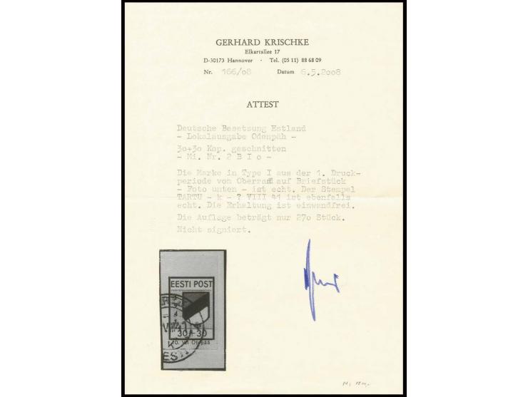 1941, 30 K. in Type I mit Oberrand aus der 1. Druckperiode auf Briefstück, Kabinett, Fotoattest Krischke