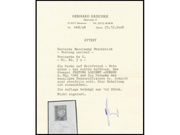 60 C. mit Stempel "FESTUNG LORIENT ZENSUR 1. Mai 1945" auf Briefstück, nebengesetzt die Paraphe des Zensuroffiziers Dr. Schmi